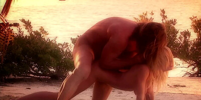 Pornstar cools a male with long hair down being drilled on beach