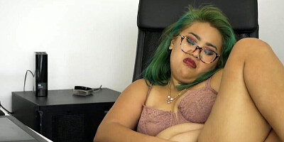 Chubby Asian office worker rubs cunt in the cabinet