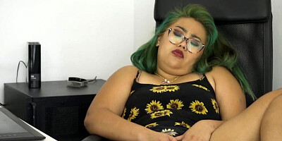Chubby Asian office worker rubs cunt in the cabinet
