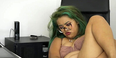 Chubby Asian office worker rubs cunt in the cabinet