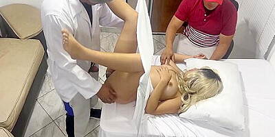 Pervert Poses As A Gynecologist Doctor To Fuck The Beautiful Wife Next To Her Dumb Husband In An Erotic Medical Consultation