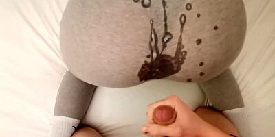 She Gives Him A Sockjob Instead Of Christmas Presents And Lets Him Cum On Her Ass In Grey Leggings