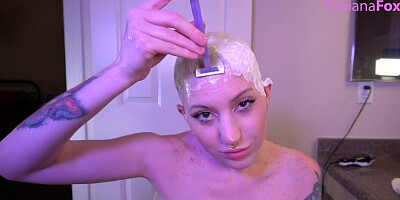 Tattooed Bald Slut Razor Shaves Head And