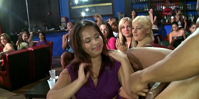 Crazy ladies are giving a blow job to a guy that dances for them