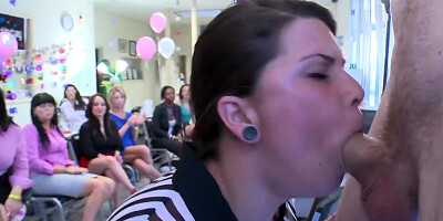 Aroused women gag on strippers' dicks during party in office