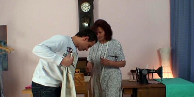 Tricky old dressmaker riding a young cock after the BJ