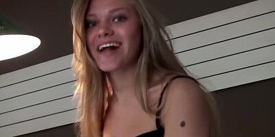 Petite blonde babe gets rammed by the pool table by her man