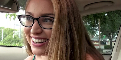 Adorable chick with glasses sucks dick and strips in a car
