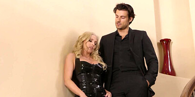 Busty blonde is seduced and fucked on the stairs