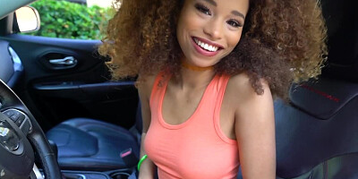 Small-tittied Ebony babe gives blowjob and pussy to white stepdad