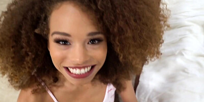 Small-tittied Ebony babe gives blowjob and pussy to white stepdad