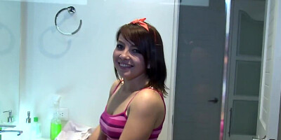 Hosemaid blows a horny man and rides him in the shower