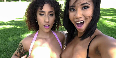 Three black chicks playing with some big sex toys