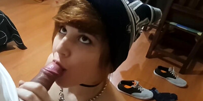 Cute Redhead with Short Hair makes a nice Blowjob and Swallows the Cum