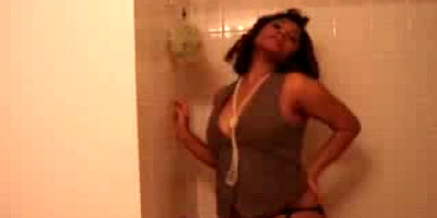 Black BBW in bathroom stripping and dancing