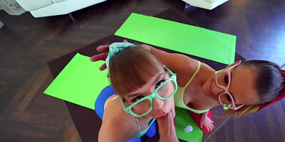 Nerdy teen girls forget about yoga and practice threesome sex