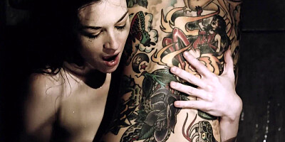 Brunette lesbian and tattooed stepmom have fun in the shower room