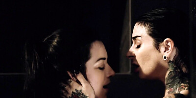 Brunette lesbian and tattooed stepmom have fun in the shower room