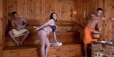 British Bombshell Throated and stuffed in Sauna