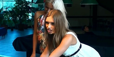 Skinny women are filmed making a picnic together and licking