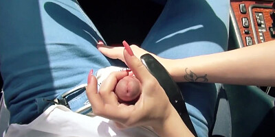 Joyful Euro brunette rewards kind driver with blowjob