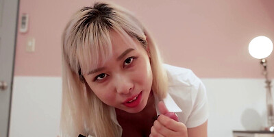 Blonde Asian girl blows her boyfriend and gets fucked from behind