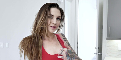 Naughty inked chick talks dirty and plays with a dildo