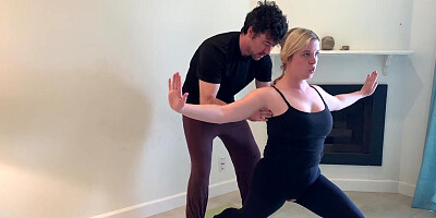 Thick blonde MILF doing yoga and fucking her stepson