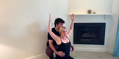 Thick blonde MILF doing yoga and fucking her stepson