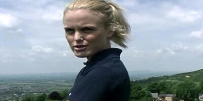 British blond outdoors flashes pants