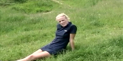 British blond outdoors flashes pants