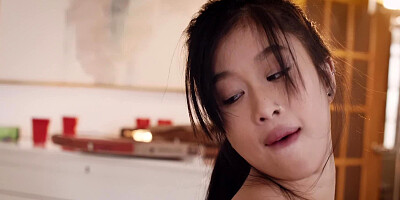 Teen Asian makes fun of big dude then he fucks her hard