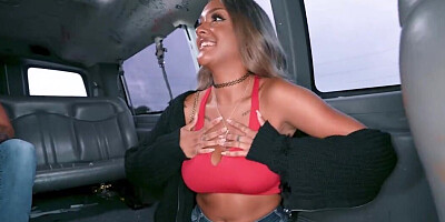 Ebony chick with large boobies takes meaty dick on all fours