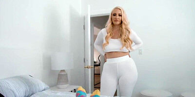 Curvy blonde cougar is playing with stepson's morning wood