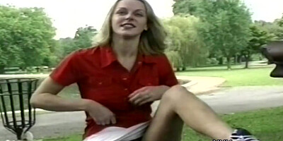 Nervous blonde milf flashing in the park