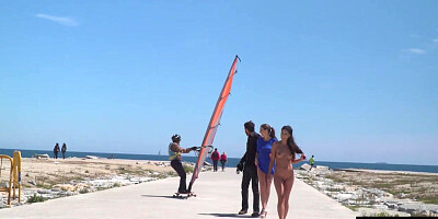 Perky boobed attractive babe walks outdoor naked on beach