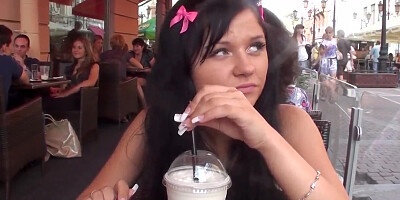 Horny teen 18+ Bella gives hard blowjob to barman in the bar's toilet