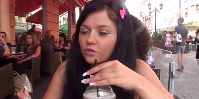 Horny teen 18+ Bella gives hard blowjob to barman in the bar's toilet