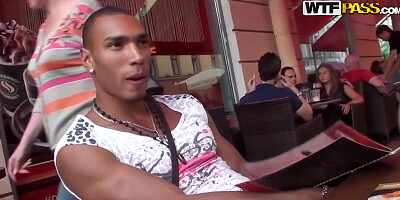 Horny teen 18+ Bella gives hard blowjob to barman in the bar's toilet