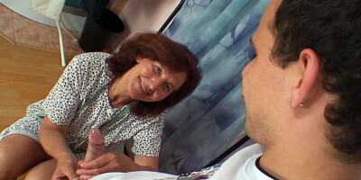 Clothed 70 years old granny rides young dick