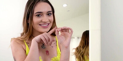 Skinny takes yellow lingerie off for a deep blowjob