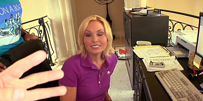 Adorable blonde Jamey Janes seduces black stud