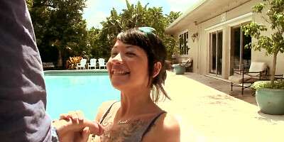 Hot dark haired Coco Velvett does deep throat by the pool