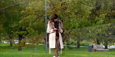 Jeny Smith wears see through pantyhose suit in the city