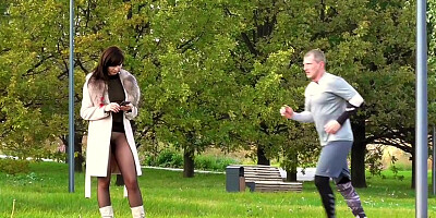 Jeny Smith wears see through pantyhose suit in the city