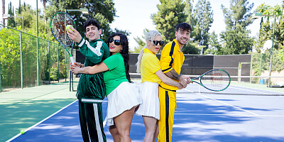 Outdoor foursome with lots of hardcore tennis fucking