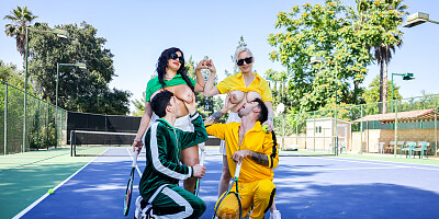 Outdoor foursome with lots of hardcore tennis fucking