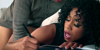A chick with curly hair is getting her cunt penetrated deeply