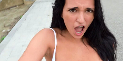 POV brunette in hot pants gives quick public BJ