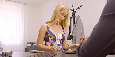Nailing the blonde woman on the desk for the loan